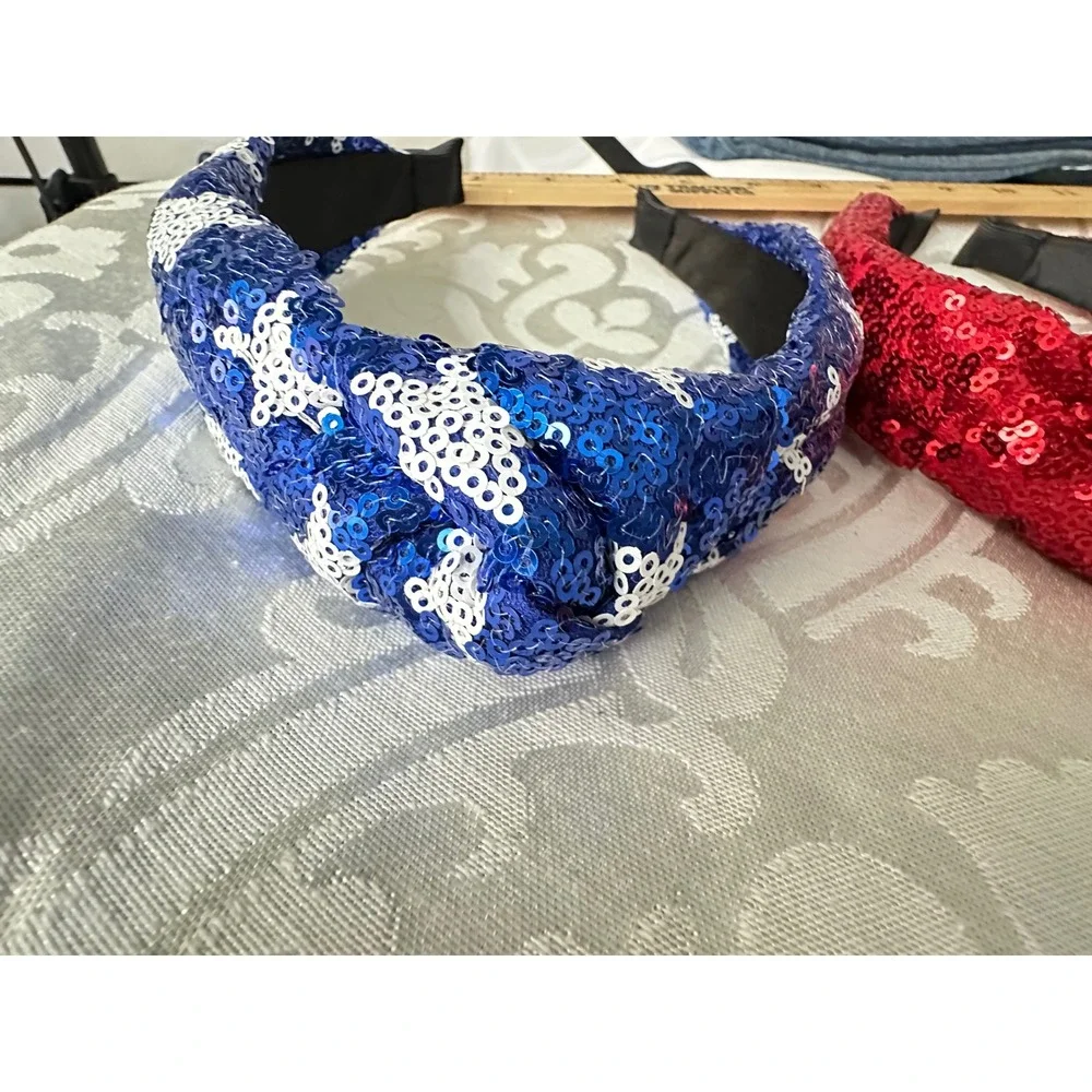 Kids Sequin Knot Headbands Red Blue Star Patriotic‎ Headwear Set